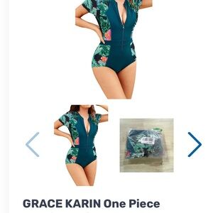 Grace Karin Teal Floral One Piece Swimsuit
